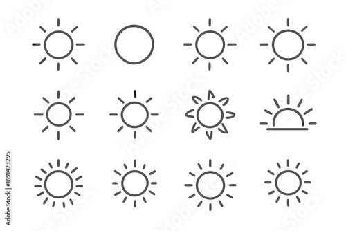 Sun line icon collection, editable stroke, minimalistic linear pictogram set for design, web, cards, apps, banners, posts, transparent vector cartoon sun symbols illustration