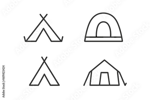 Minimalistic Tent Outline Icons Set for Design, Cards, Apps, and Social Networks, Vector Cartoon Style with Transparent Background, Camping and Outdoor Shelter Illustrations