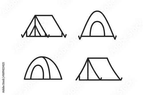 Minimalistic outline tents icons set, vector cartoon style camping tent symbols for design, apps, social networks, outdoor adventure, travel, wilderness illustration with transparent background