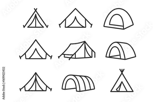 Tent line icon set outline signs for camping equipment, outdoor adventure, hiking gear symbols, travel and nature vector illustrations, minimal design collection, cartoon style transparent background
