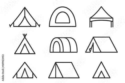 Tent thin line icon set, outline camping tents, outdoor shelter symbols, camping gear illustrations, vector cartoon icons for graphic design, web, apps, adverts, and cards, transparent background