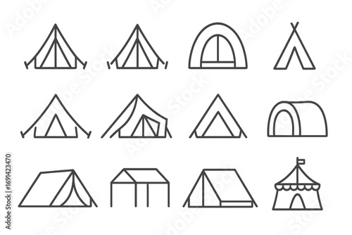 Set of thin line tent icons, camping outline symbols for graphic design, web apps, advertising, outdoor adventure, travel, nature exploration, vector cartoon illustration