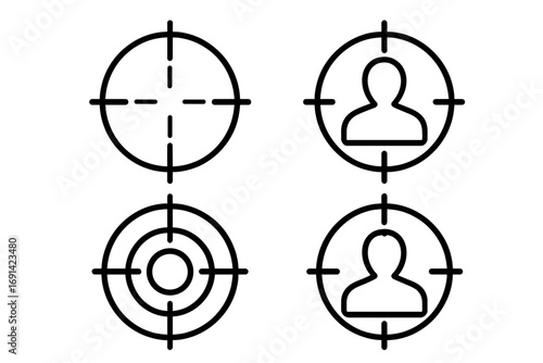 Target audience and customer focus icon set. Crosshair, bullseye and sniper scope for marketing segmentation, recruitment and goal achievement. Vector line art collection.