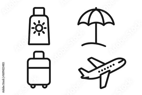 Travel related simple sign set with icons of sunscreen, umbrella, luggage, and airplane for banners, infographics, articles, summer vacation design, tourism and trip planning