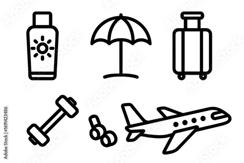 Travel-related simple icon set with sunscreen bottle, beach umbrella, luggage, dumbbell, earphones, airplane symbols for banners, infographics, articles, and design projects