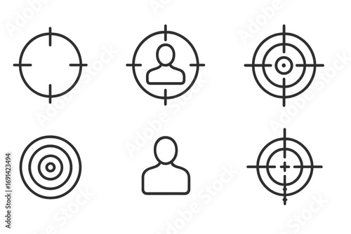 Target and aim line icon collection. Sniper scope crosshair, customer targeting, and bullseye goal symbols. Marketing strategy and audience focus vector set. Editable stroke.