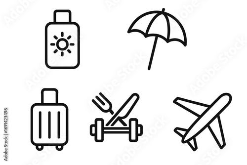 Travel related outline symbol set with sunscreen bottle, beach umbrella, suitcase, fitness equipment, airplane icon for banners, infographics, books, articles, and design