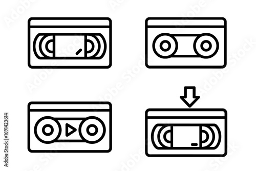 Video tape icons modern outline style for design, cards, apps, social networks. Vector cartoon illustration with transparent background. Set of playback, rewind, and download buttons