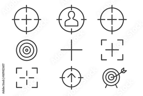 Target and aim line icon set. Crosshair, focus, and goal symbols. Customer targeting, business strategy, and precision marketing concepts. Editable stroke vector icons.