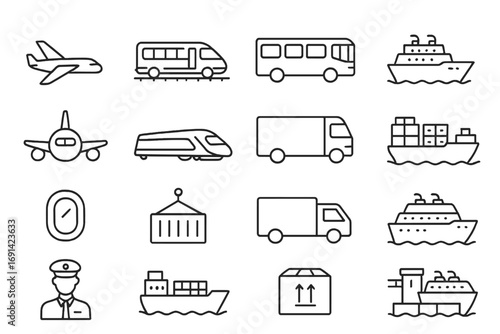 Passenger cargo and cruise ship thin line icons collection. Editable stroke vector set for web design, apps, cards, books. Transport, travel, shipping concepts illustration, transparent background