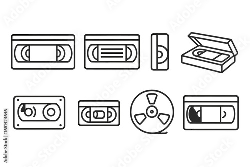 Video tape line icon collection, retro cassette tape symbols outline for graphic design, web apps, adverts, media cards, vintage video recorder, transparent vector illustration
