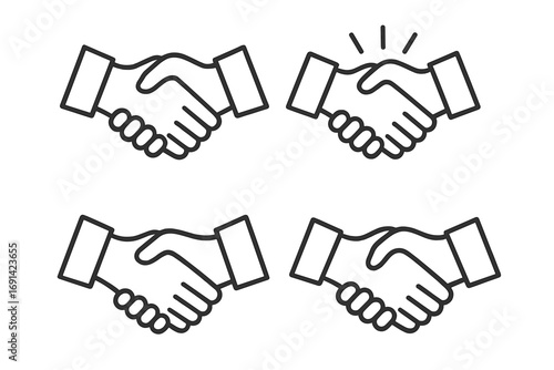 Handshake icon set for business partnership and agreement. Successful deal and cooperation contract symbol collection. Outline vector illustration for infographics and web design.