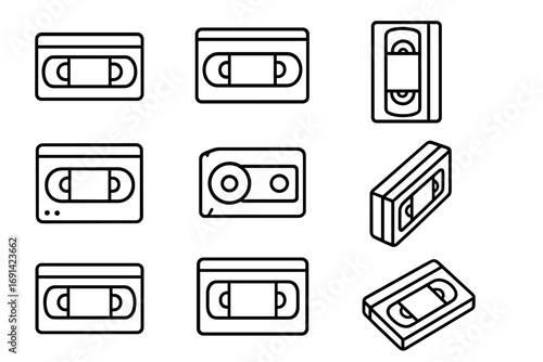 Retro video tape icon set, outline style. Classic VHS cassette collection for graphic design, web, apps, advertising, and creative media projects. Transparent background vector cartoon illustration.