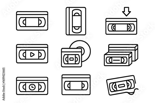 Video tape icon set line style. Outline cassette tape icons collection for graphic design, web design, app development, advertising, digital media, and multimedia projects with transparent background.
