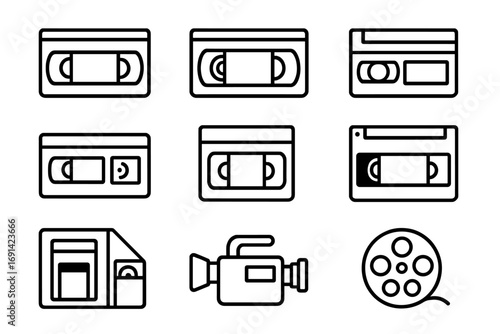 Video tape icon pack outline. Set of retro cassette tape icons for graphic design, web apps, adverts, video projects, illustration, multimedia, and digital media use.