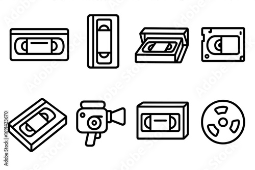 Video tape line icon collection, cassette cassette tape outline signs, retro video player symbols, graphic and web design elements, app and advert illustrations, transparent background vector set
