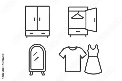 Fashion and home furniture vector line icon set. Wardrobe, closet, mirror, dress, t-shirt icons. Minimal outline graphic for apparel store, boutique, website, or mobile app.