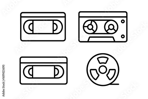 Retro video tape line icon set, outline symbols for graphic design, web apps, adverts, multimedia, recording, cinema, movie reel, vintage cassette tape, transparent background