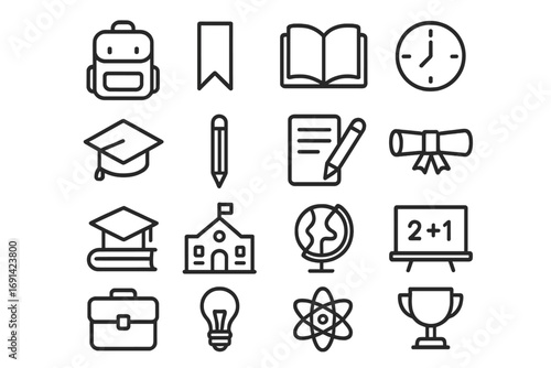 School college university line icon bundle, modern linear education symbols set for design, web, apps, cards, learning, student accessories, academic tools vector graphics