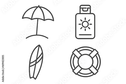 Summer beach vacation icon set. Line art collection of sun umbrella, sunscreen, surfboard, and lifebuoy symbols. Minimalist outline vector graphic for web and app design.