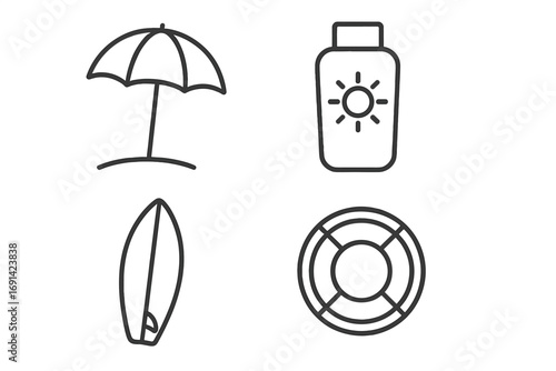 Summer beach icon set. Line art symbols for vacation and travel. Collection includes sun umbrella, sunscreen lotion, surfboard, and lifebuoy for water safety and sun protection.