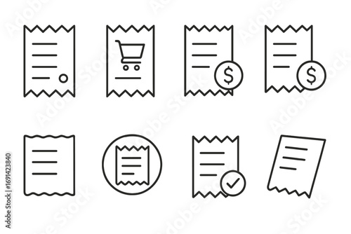 Store receipt line icon set. Vector bill and invoice pictogram bundle for finance apps and web design. Minimalistic purchase, payment and shopping icons with editable stroke.