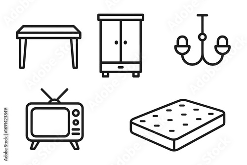 Furniture and home goods line icon set. Table, wardrobe, chandelier, retro tv and mattress symbols. Vector outline collection for interior design. Editable stroke pictogram.
