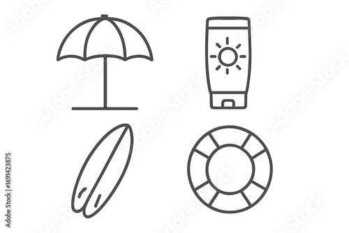 Summer beach icon set. Thin line icons of umbrella, sunscreen, surfboard, lifebuoy for web and apps. Sea vacation, travel, surfing and safety concept. Vector pictogram collection.
