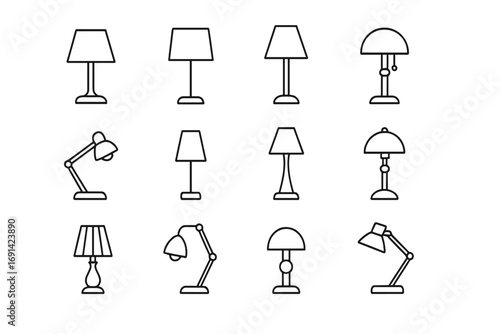 Table lamp icon set. Thin line art collection of various desk lamps for interior design. Vector outline symbols for home decor, furniture, lighting and electricity concepts.