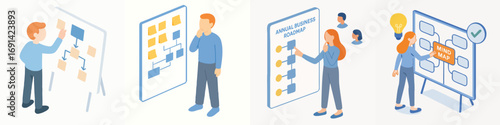 Isometric People Doing Business Strategy Planning Presentation on White Board
