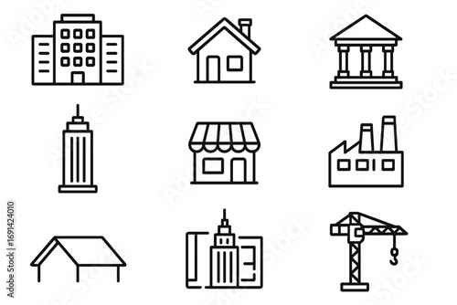 Architecture & construction line icon set. Buildings & structures vector collection. Real estate symbols for house, office, bank, factory, shop, skyscraper & crane.