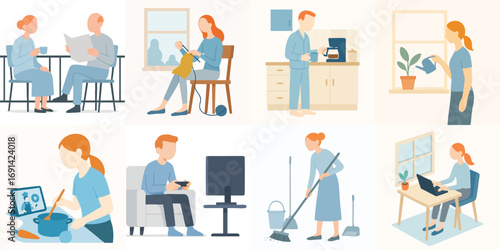 Simple Flat Illustration of People Engaged in Various Home Activities