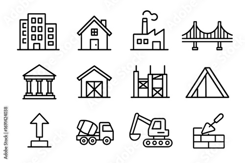 Architecture and construction line icon set. Real estate, building, and industry symbols. Vector collection with home, city, factory, bridge, excavator, and concrete mixer.
