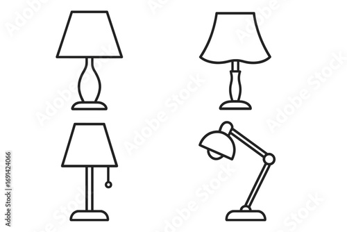 Table lamp line icon set. Desk lamp, bedside light, and reading lamp vector collection. Simple outline symbols for home decor, interior design, and furniture concepts.