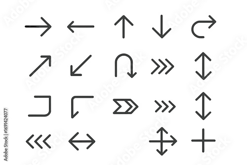 Arrow direction linear icon set. Simple navigation and movement symbols. Thin line interface icons for web and app design. Up, down, left, right, next, back, refresh signs.