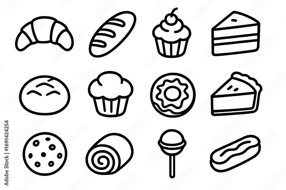 Bakery pastry icon set. Outline sweets, cake, bread, dessert, croissant, donut, cupcake, cookie. Linear vector collection for patisserie menu. Food graphic symbol sign.
