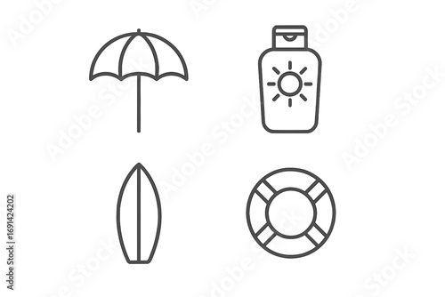 Summer beach vacation line icon set. Thin line simple pictogram collection for web, app. Umbrella, sunscreen, surfboard, lifebuoy. Sun protection, travel, holiday, safety.