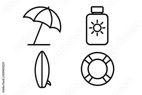 Summer beach vacation icon set. Line icons of umbrella, sunscreen, surfboard, and lifebuoy for sun protection and water safety. Vector symbols for web, app, UI design.