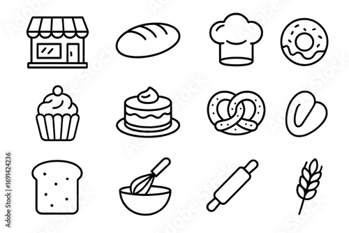 Bakery and baking outline icon set. Vector line art symbols for patisserie, cafe, kitchen. Food illustration includes bread, cake, cupcake, donut, pretzel, chef hat.