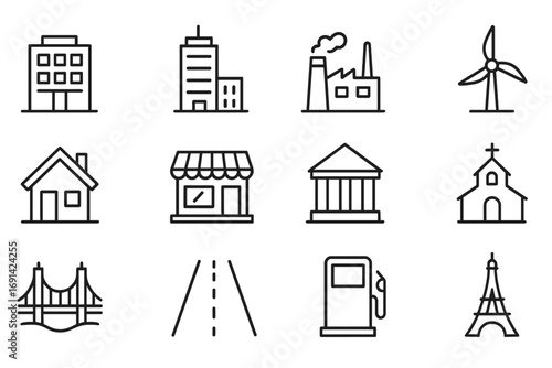Building and landmark line icon set. City, architecture, industrial, and travel outline symbols. Urban infrastructure, real estate, transport vector pictograms collection.