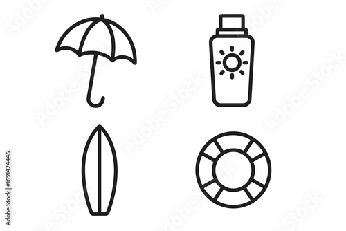 Beach vacation line icon collection. Summer travel symbols. Umbrella, sunblock, surfboard, and lifebuoy outline icons. Simple vector for sea and holiday graphic design.