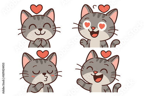 Cute cartoon cat character set. Kawaii grey tabby kitten expressing love emotions. Vector illustration icon collection with heart symbols for valentine's day, happy, in love, kiss.