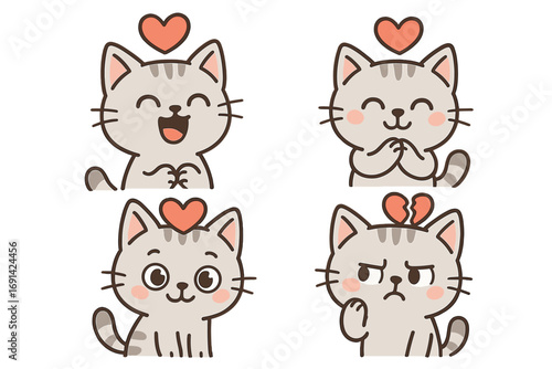 Cute cat character mascot set expressing emotions. Cartoon kitten with heart symbol for love, happiness, sadness, heartbreak. Kawaii vector illustration collection for stickers.