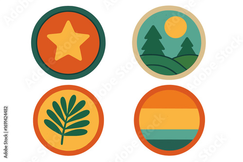 Retro badge vector collection. Circle logo set with flat design patch and vintage texture. Abstract nature landscape, star emblem, leaf icon. Branding element for camp.