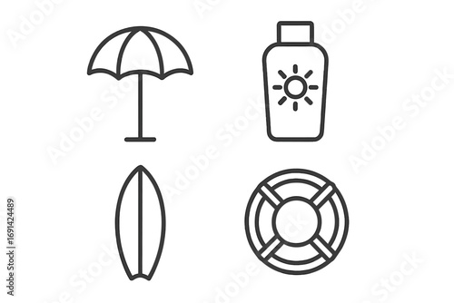 Summer beach vacation icon set. Outline symbols of umbrella, sunscreen, surfboard, and lifebuoy. Thin line vector graphics for web and apps. Sun protection and water safety.
