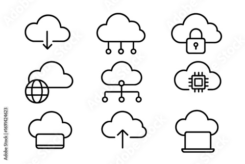 Cloud computing outline icon set. Virtual network tech symbols in line art. Vector concepts for data storage, server hosting, security, database, upload, download, CPU.