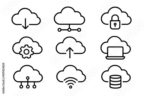 Cloud computing outline icon set. Virtual network, tech symbols in line art. Vector for data storage, cloud server, security, upload, download, database, and hosting concept.