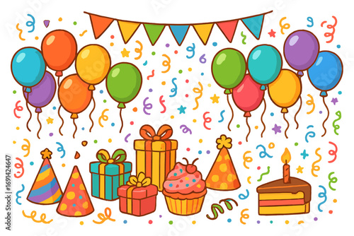 Birthday party celebration vector elements set. Colorful cartoon collection of fun holiday decorations. Happy festive design with gift, cake, balloon, confetti and banner.