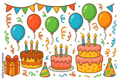 Happy birthday cartoon doodle set. Vector collection of party celebration elements: cake with candles, balloons, gift, confetti, hat, flag garland. Isolated design icons.