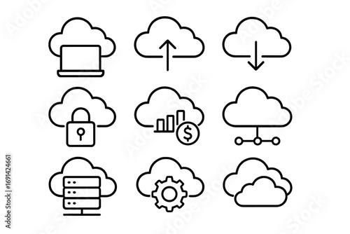 Cloud computing service line icon set. Technology data storage and hosting. Network server database security. Upload download management. Business solution finance pictogram.